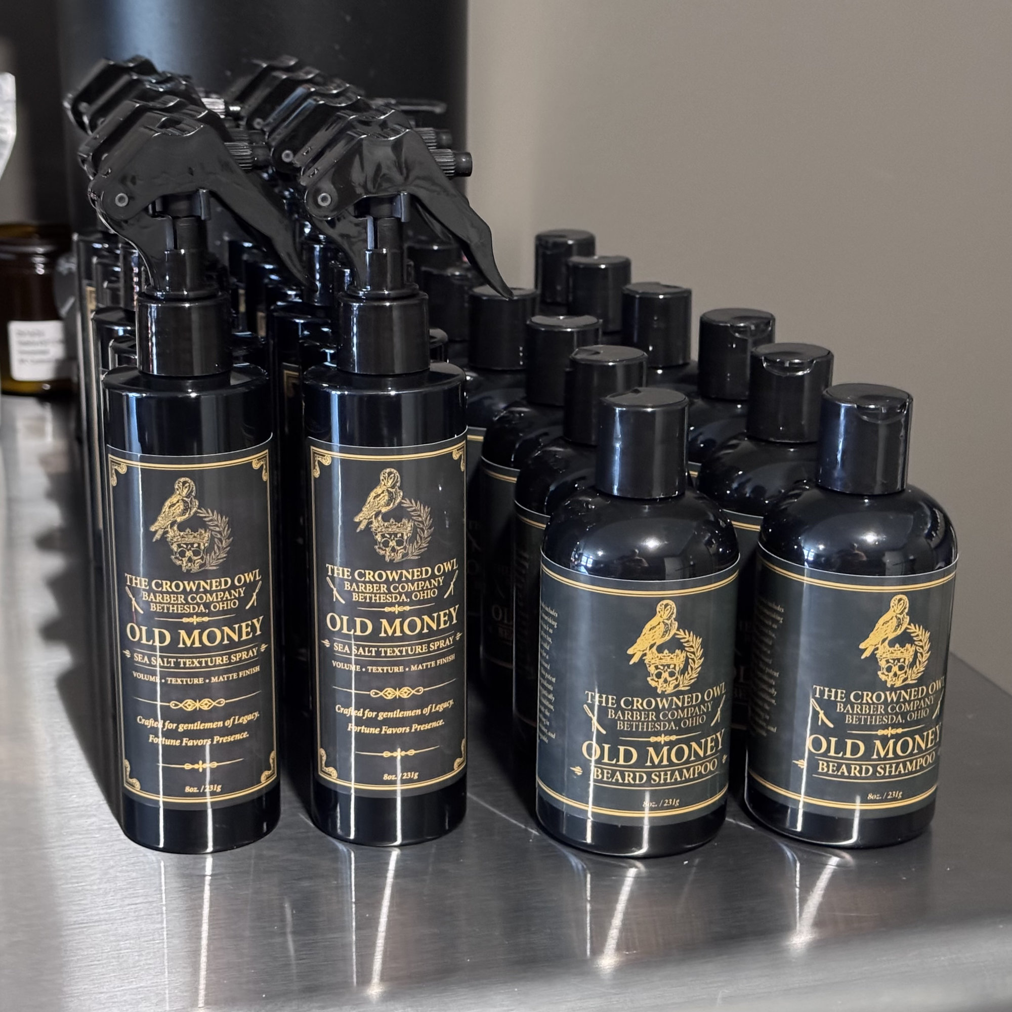 Bottles of branded beard shampoo
